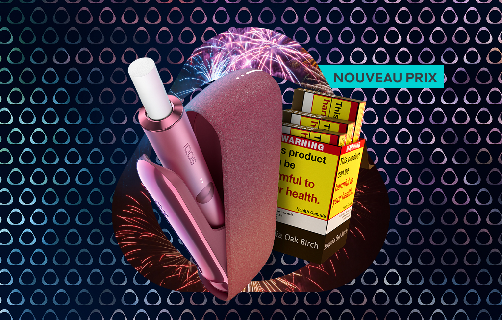 Un appareil IQOS ILUMA et une cartouche de 54 unités TEREA. Inclut une étiquette « NOUVEAU PRIX ».